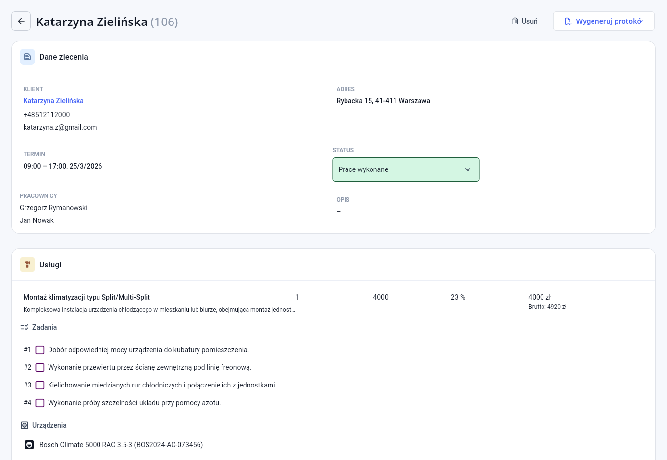 Szczegóły zlecenia w panelu Feldi